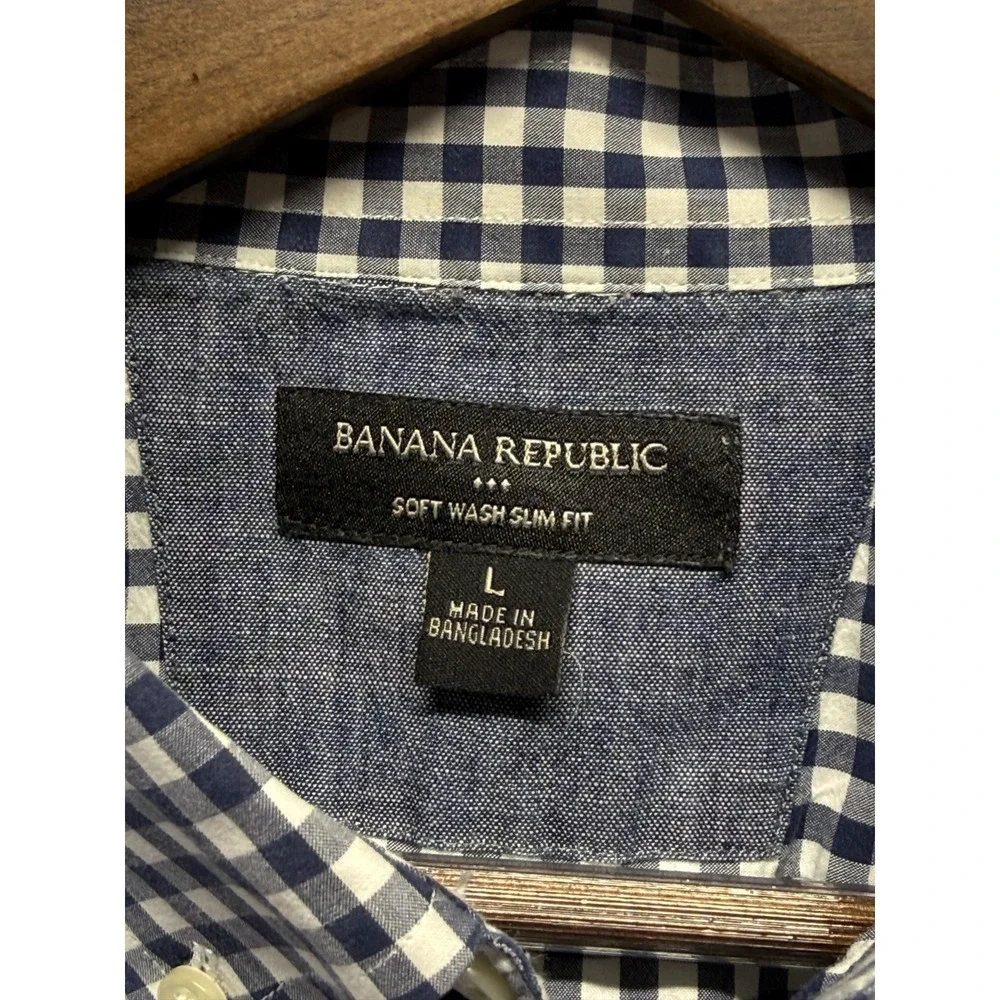 Banana Republic Soft‎ Wash Slim Fit Shirt Mens L Blue White Gingham Button Down